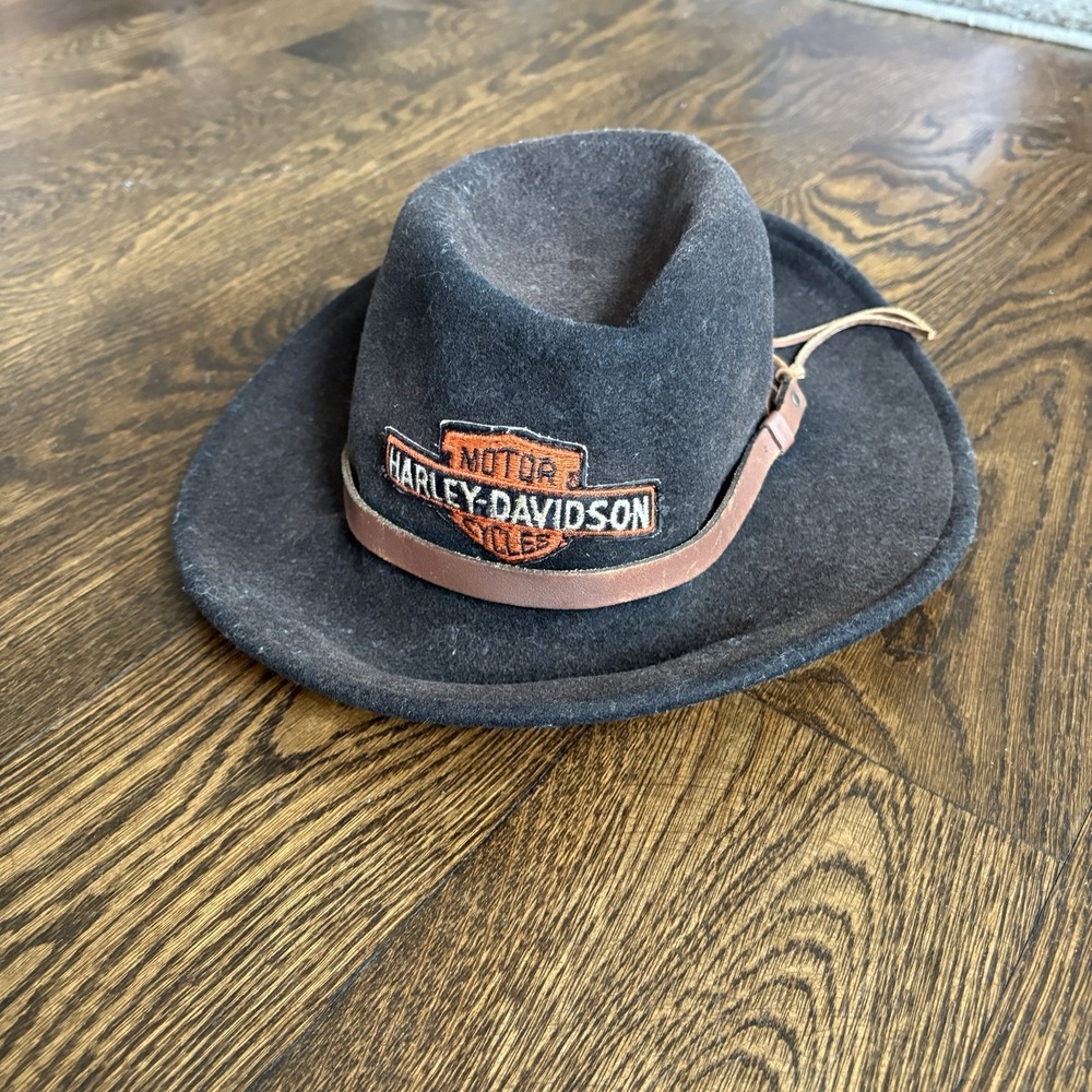 Vtg Harley Davidson Wool Felt Cowboy Hat Black Leather Band Western USA Fedora